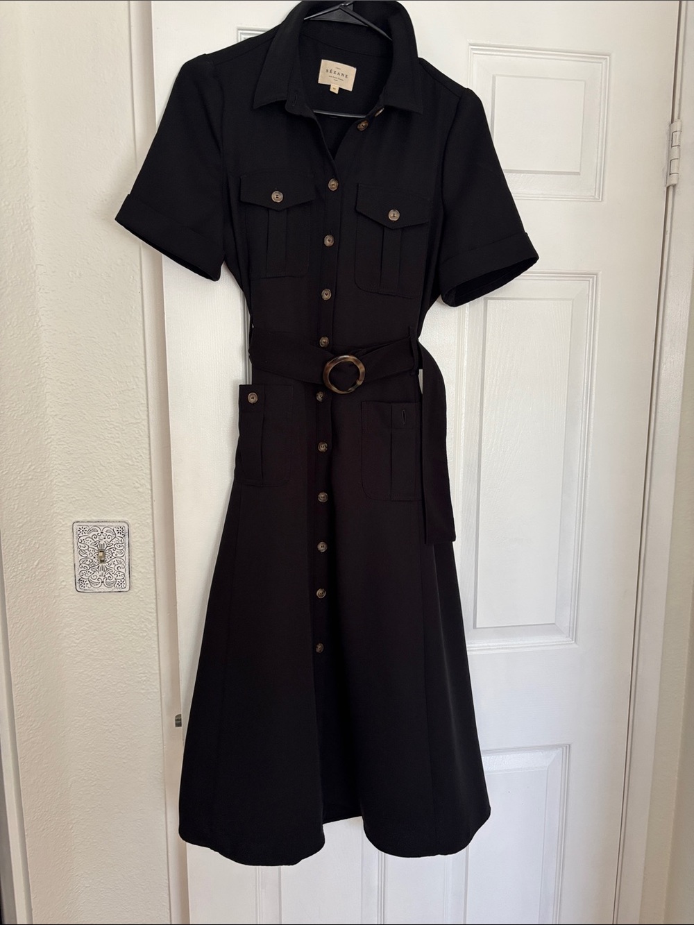 Sézane Black Short-Sleeve Shirt Dress with Belt